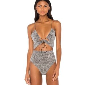 NWOT For Love & Lemons x Revolve Silver Red Sequin Cut Out Sparkle Bodysuit | Sm